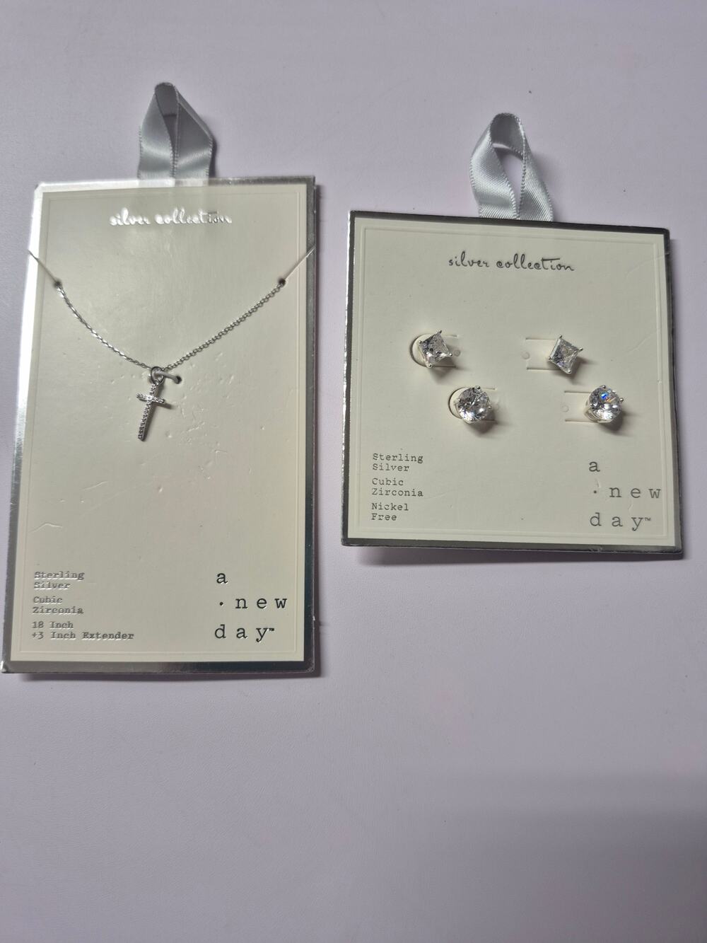 Sterling Silver Cross & 2 Pc Earring Bundle 21 in Necklace Square & Circle Cut